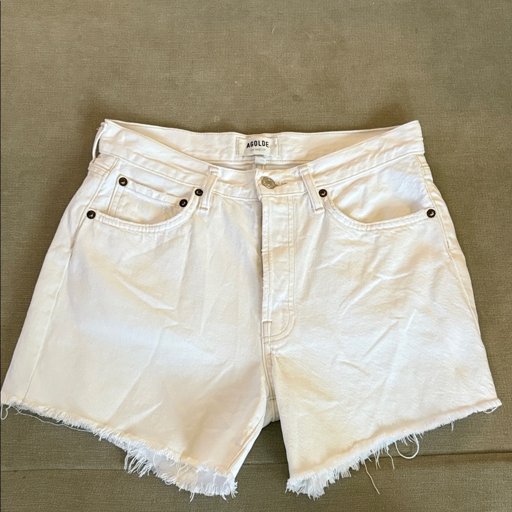 Agolde White Frayed Hem High-Rise Denim Shorts